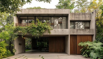 A modern concrete house nestled amidst lush greenery, featuring a stylish wooden gate that seamlessly blends natural and architectural elements.