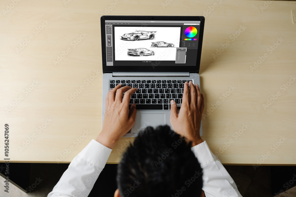Poster electric car design software on computer screen showing simulation blueprint snugly by digital calcu