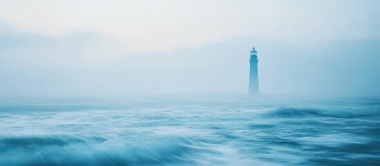 A lighthouse stands tall amidst a misty, choppy sea.