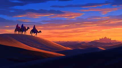 Fototapeta premium Three people ride camels across sand dunes at sunset towards a distant city.