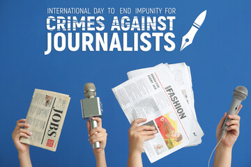 Female hands with microphones and newspapers on blue background