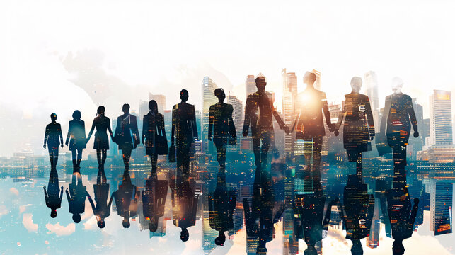 Double exposure panoramic teamwork business join hands together with silhouette business people and modern city background. Business team standing hands together, Volunteer charity work