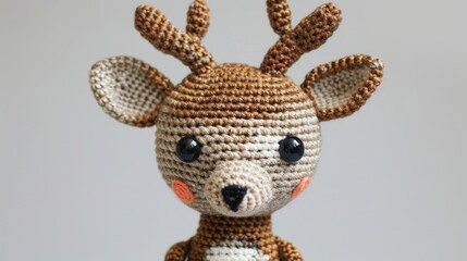 This image features a charming crochet deer with button eyes and antlers, offering a whimsical touch to woodland-themed decorations or children's room decor.