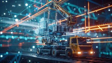Hologram cargo is being lifted by crane onto an autonomous truck within futuristic logistics hub, showcasing advanced automation and innovative transportation solutions in supply chain management
