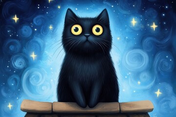 Black cat gazes at starry night sky with wide, curious eyes, AI