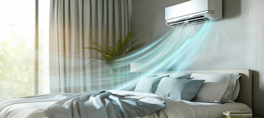 Air conditioner providing a refreshing blue air stream in a modern bedroom