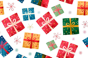 Pattern of watercolor colored gift boxes on white background. Holiday concept, christmas, birthday, marketing