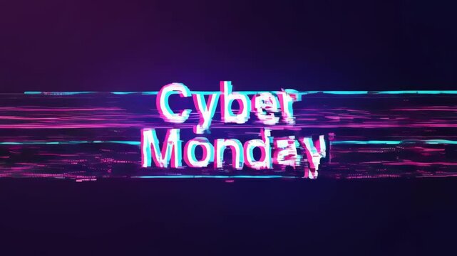 Cyber Monday abstract glowing neon text with glitch effect on dark background. Online shopping and big sale. Futuristic concept. Retro cyberpunk 80s, 90s style