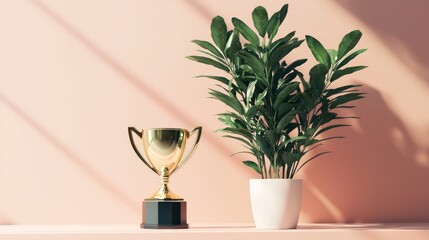A shiny golden trophy on a sleek surface beside a green plant, symbolizing success and growth in a minimalist setting
