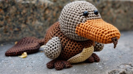 Obraz premium A creatively crafted crochet amigurumi platypus is presented with amusing details, reflecting its unique nature and comical charm within a textured outdoor environment.