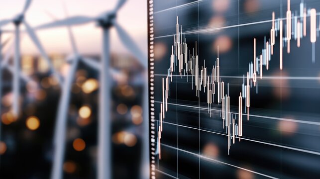 Capturing the essence of green energy, this double exposure blends stock market trends with wind turbines under a blue sky