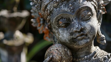 An intricately carved stone sculpture of a meditative figure showcasing spiritual depth is surrounded by a natural garden setting and gentle light play with history.