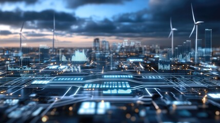 Capturing the essence of green energy, this double exposure blends stock market trends with wind turbines under a blue sky