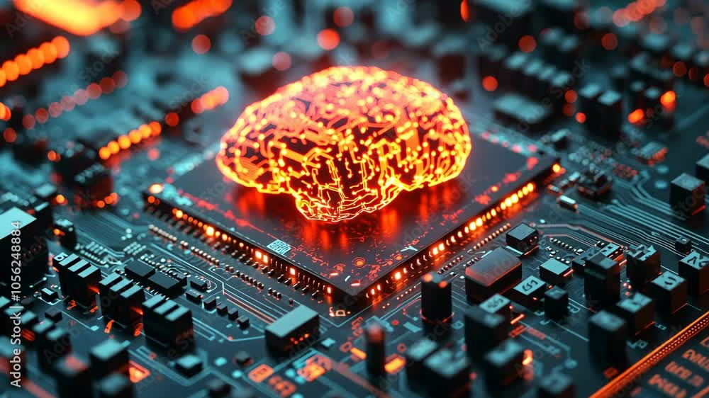 Poster a glowing brain sits on a circuit board, representing the power of artificial intelligence
