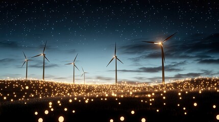 Capturing the essence of green energy, this double exposure blends stock market trends with wind turbines under a blue sky