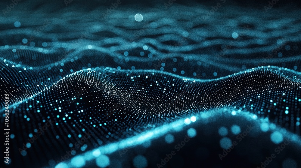 Poster a visually captivating view of shimmering blue waves, representing digital data or fluid technology,
