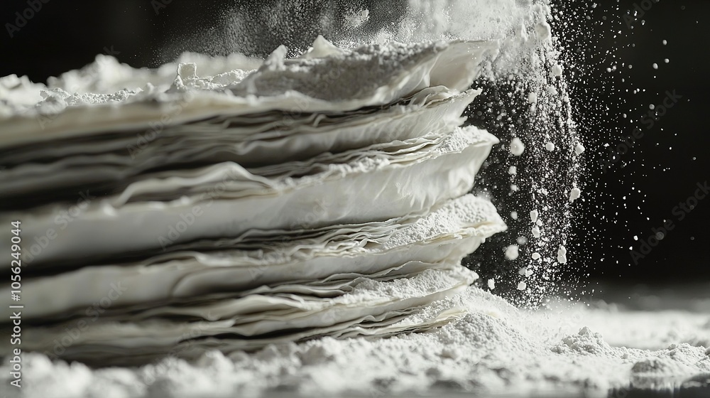 Poster a close-up of stacked papers with a fine dusting of powder falling from above, creating a dramatic c