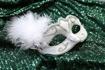 White carnival mask with feathers on bright green background