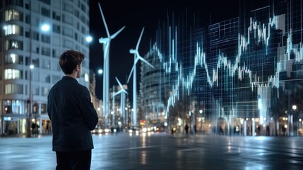 Capturing the essence of green energy, this double exposure blends stock market trends with wind turbines under a blue sky