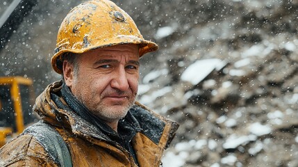 Fototapeta premium A rugged miner wearing a yellow helmet, covered in snow, stands against a rocky background, showcasing resilience in harsh conditions.