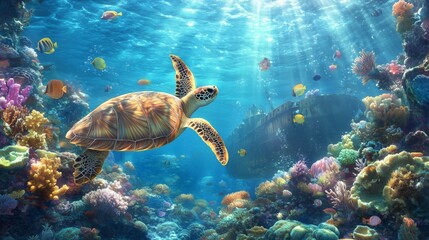 Obraz premium A vibrant coral reef teems with fish and a sea turtle, with a mysterious shipwreck in the background.