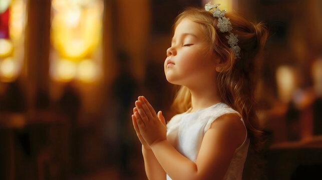 Little girl toddler praying in Christianity religion, prayer to God Jesus Christ Lord and Savior in church for child kid with strong Christian faith