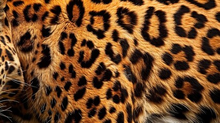 A close-up shot capturing the intricate rosettes and rich texture of a leopard's fur, showcasing the natural beauty and detail of the animal's unique pattern.
