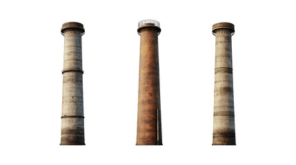 Set of towering industrial chimneys showcasing the passage of time through different textures and colors, isolated on transparent PNG background