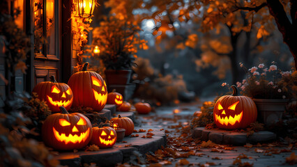 Glowing Halloween pumpkins on a porch with autumn decorations