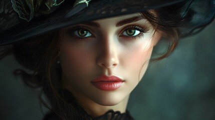 Fototapeta premium A portrait of a woman with an elegant hat and intense gaze