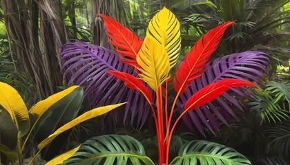 Colorful tropical leaves in vibrant hues adorn a backdrop, creating a lively atmosphere of nature