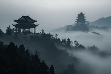 Pagoda perched on mountain shrouded in mist, surrounded by lush greenery, creating serene and mystical scene.