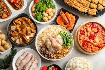 Table setting showcasing diverse dishes, bowls filled with colorful ingredients, perfect for shared meal.
