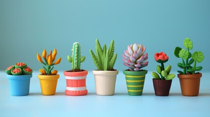 A collection of clay pots containing colorful plants arranged in a minimalistic style. The image portrays simplicity, charm, and the beauty of natural decor.