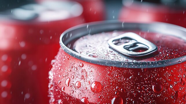 Close-up of cold, condensation-covered red beverage cans, showcasing their freshness and inviting appeal.