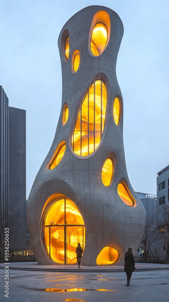 Poster unique architectural marvel with organic design. this building features irregular shapes and illumin