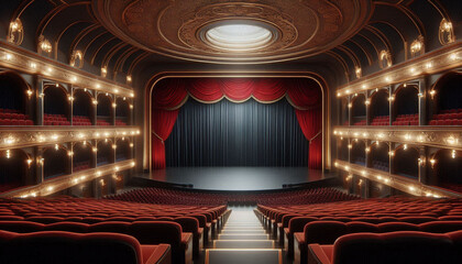 Luxurious theater auditorium viewed from behind with seats at a higher elevation in the back and lower closer to the stage. The stage is a blank black screen with red curtain pulled