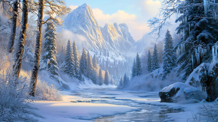 A view of the forest with mountains during the Ice Age, a period when the Earth was very cold, with large ice caps forming at the poles, resulting in extremely chilly conditions.L