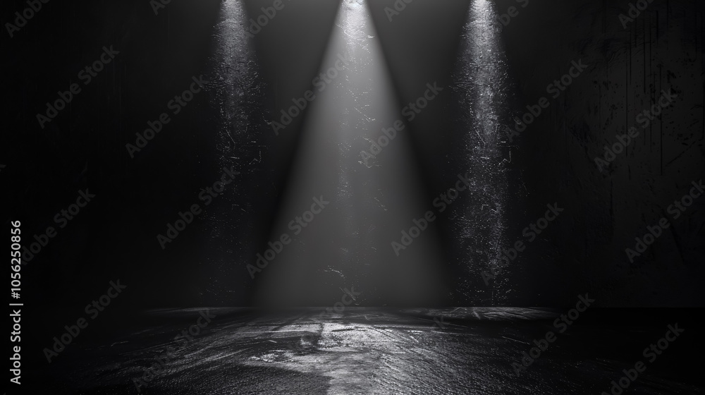 Poster empty black background and spotlight in center with studio for showing or design. dark backdrop made