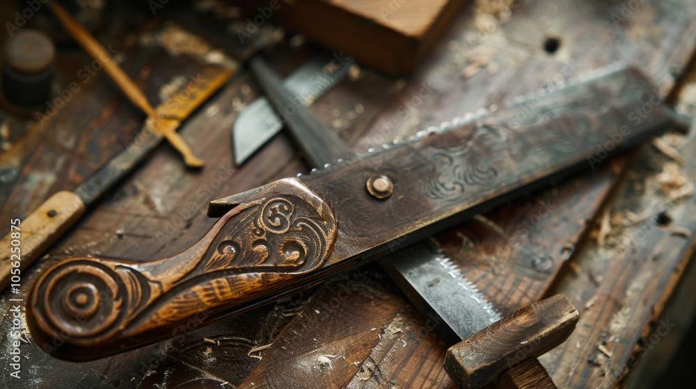 Poster detailed view of a carpenters hand saw with a delicate scroll design on the handle and used to preci