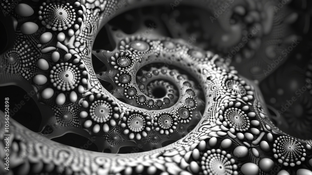 Poster a captivating black and white abstract fractal pattern spirals infinitely, creating intricate design