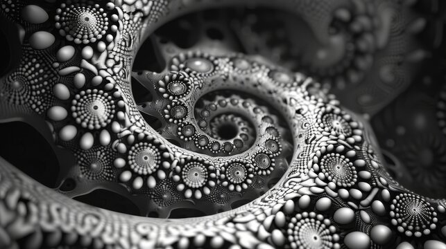 A captivating black and white abstract fractal pattern spirals infinitely, creating intricate designs and textures that intrigue and inspire creative reflection.