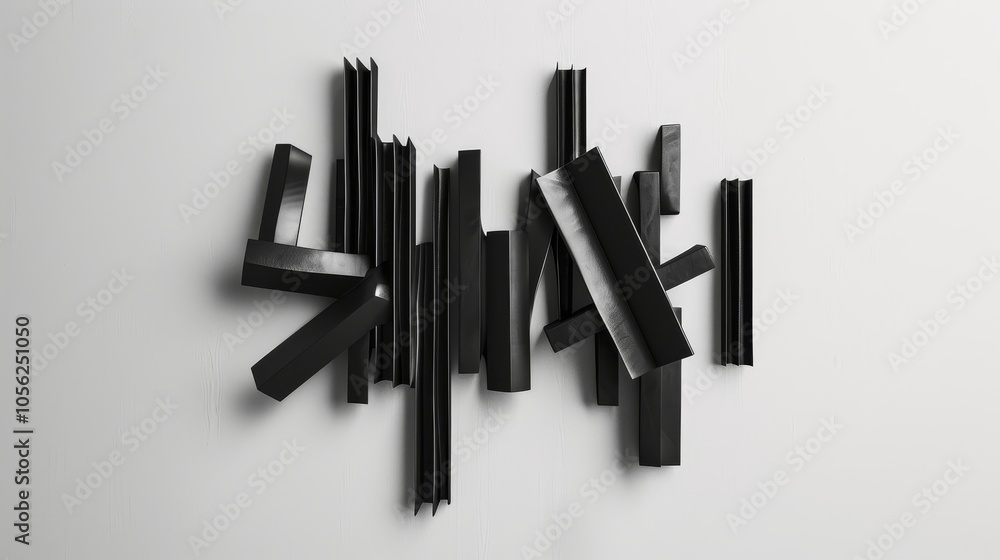 Poster a striking abstract structure composed of black geometric shapes arranged on a plain white backgroun