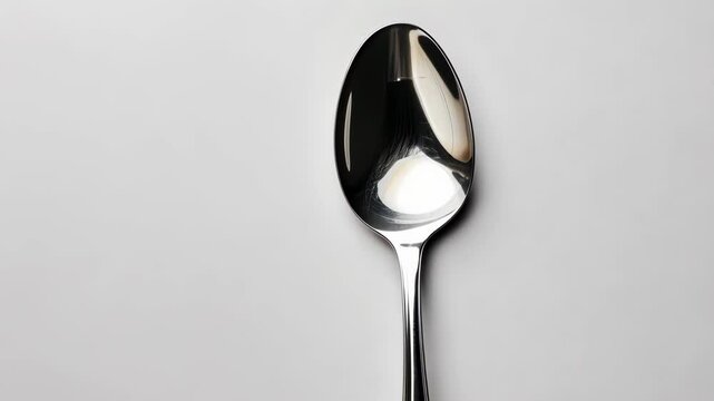 A silver spoon rests on a white surface, reflecting light