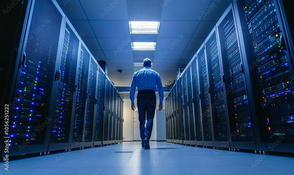 Poster a professional technician walking through a modern and organized server room with data and network s