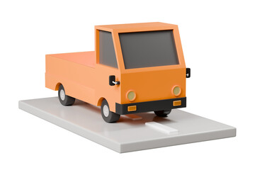 3D Truck delivery back rack contain parcel box and roadway icon. Minimal Cartoon Logistic Truck shipping delivery service isolated on orange background. Online shopping, E-commerce concept. 3d render