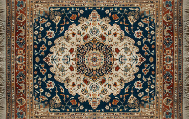 Overhead view of Persian carpet with floral medallion design