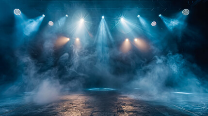 Empty concert stage with illuminated spotlights and smoke. Stage background with copy space