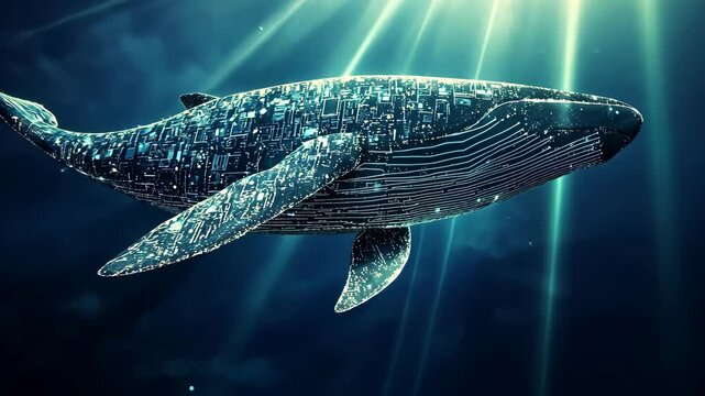 A digital whale swims through the ocean, its body composed of intricate circuitry