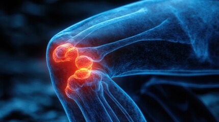 Close-up view of knee joint inflammation, highlighted in red, x-ray illustration of bone and cartilage damage, arthritis, medical diagnosis, orthopedic health, skeletal system, pain relief, injury